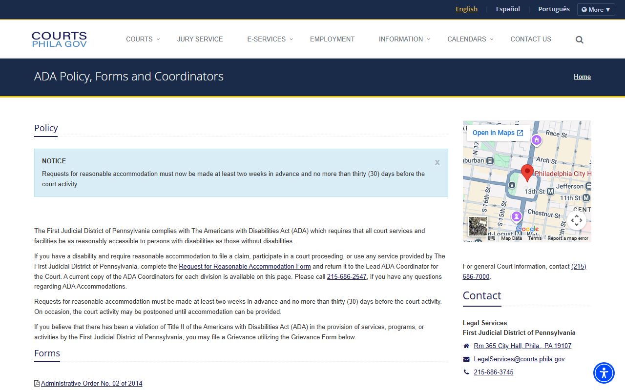 Philadelphia County court ADA policy and coordinators page