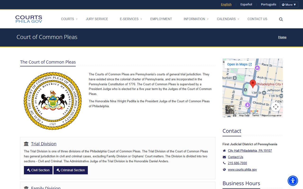Philadelphia County Court of Common Pleas overview page