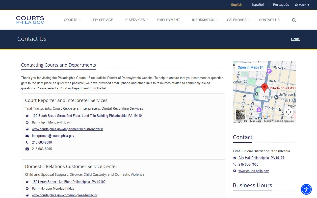 Philadelphia County court and department contacts page