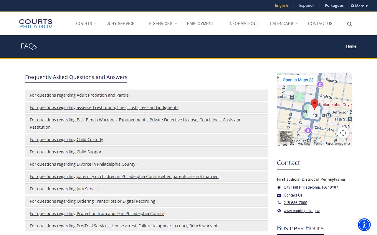 First Judicial District FAQ page for Philadelphia County court records