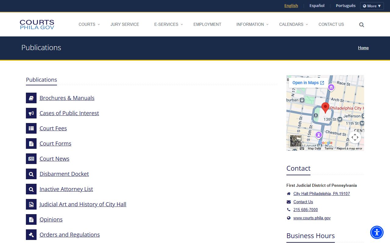 Philadelphia County court forms, fees, rules, and publications page