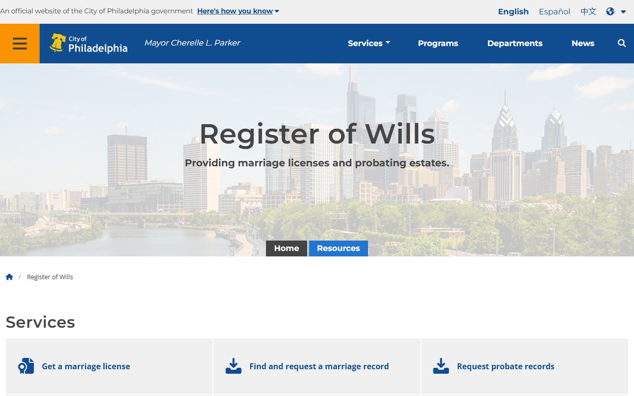 Philadelphia County Register of Wills marriage and probate services page