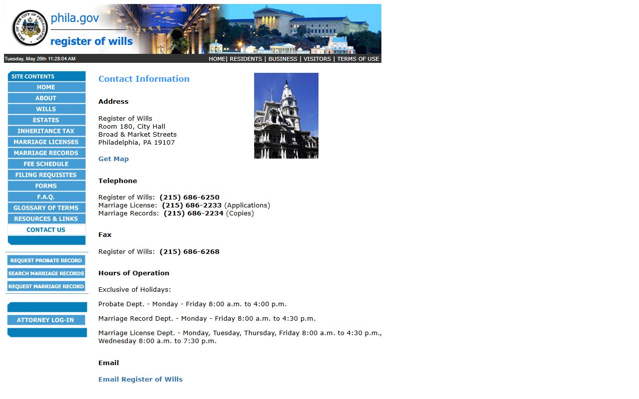 Philadelphia County Register of Wills contact page