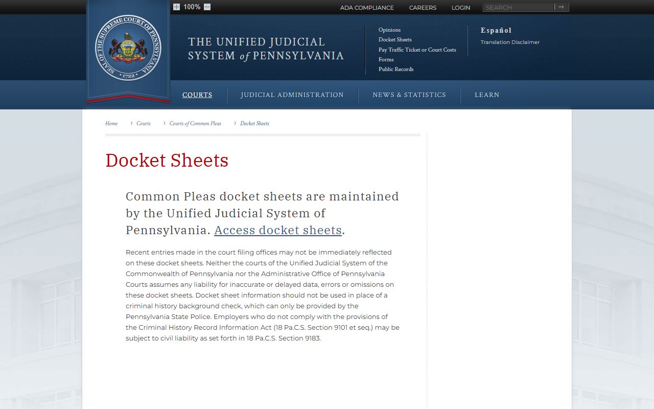 Philadelphia County Common Pleas docket sheet search