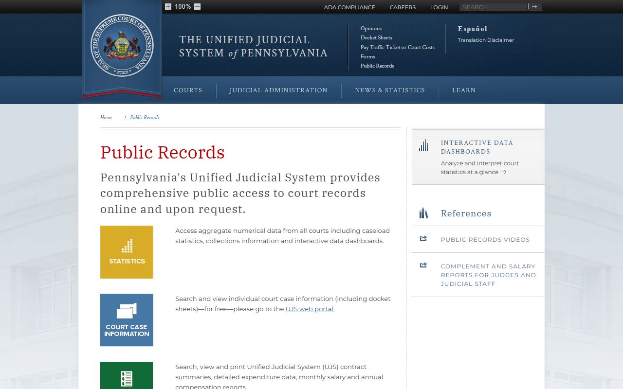 Pennsylvania public records page for Philadelphia County court records