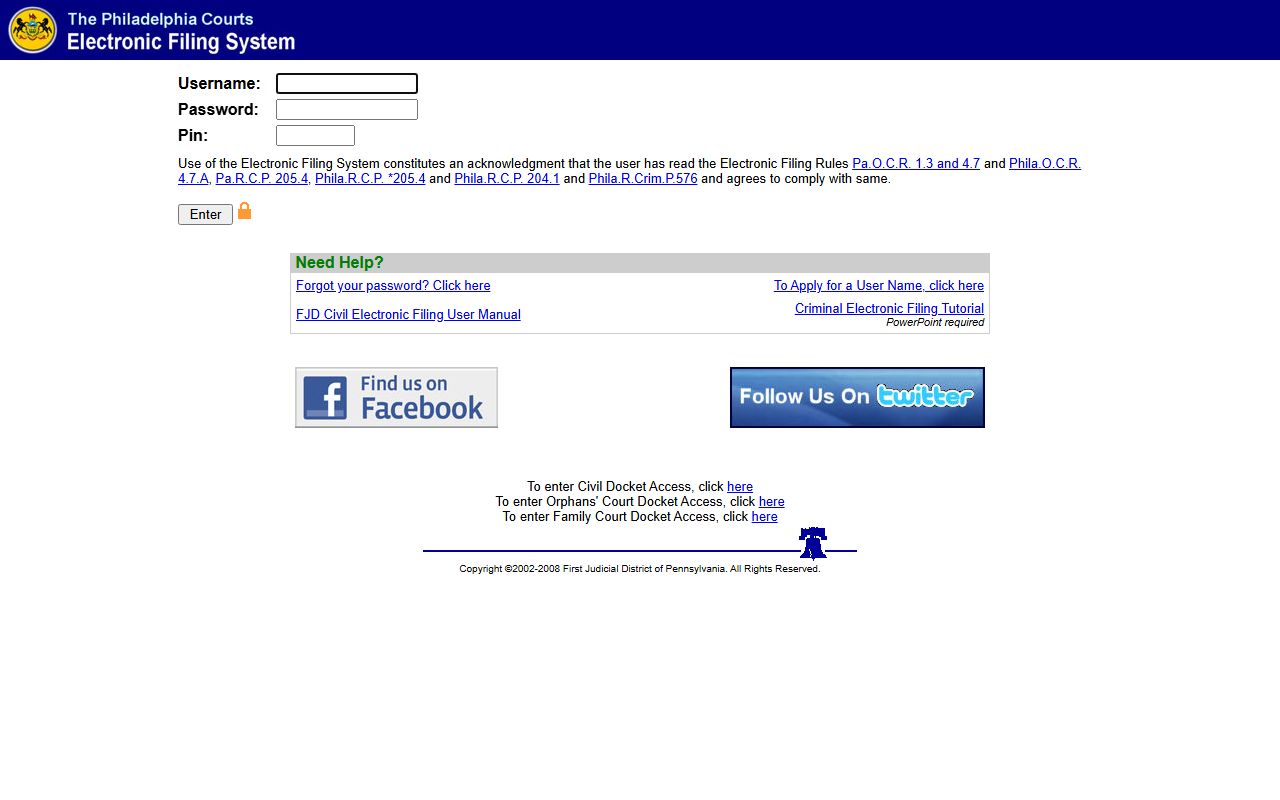Philadelphia County FJD e-filing and public access court docket portal