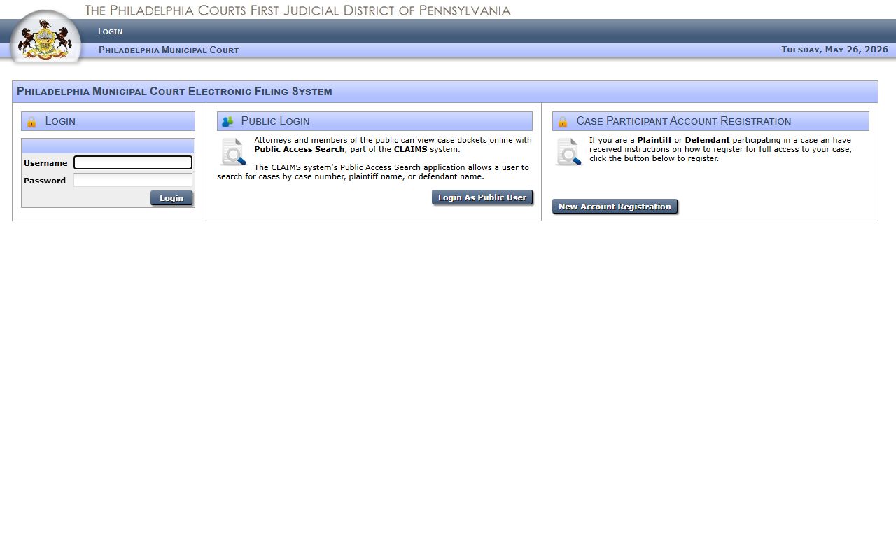 Philadelphia Municipal Court civil claims docket portal