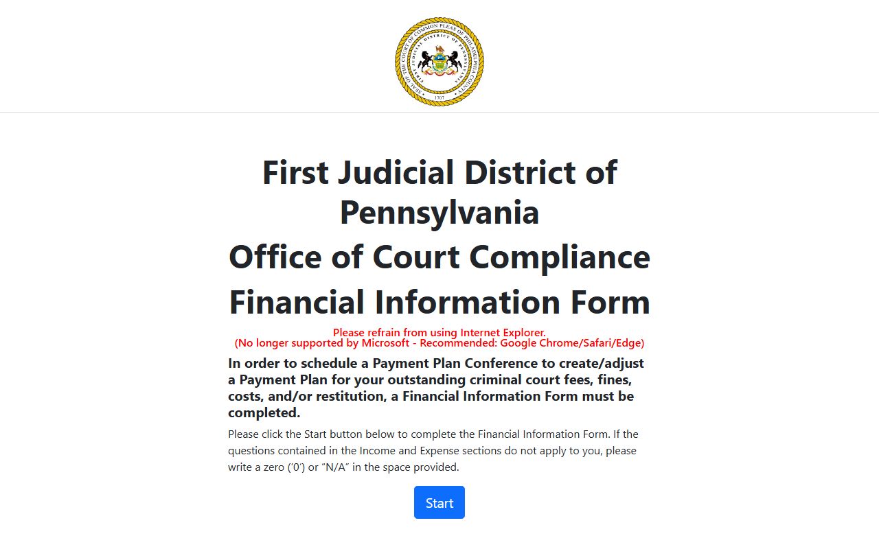 Philadelphia County FJD financial information form for court costs