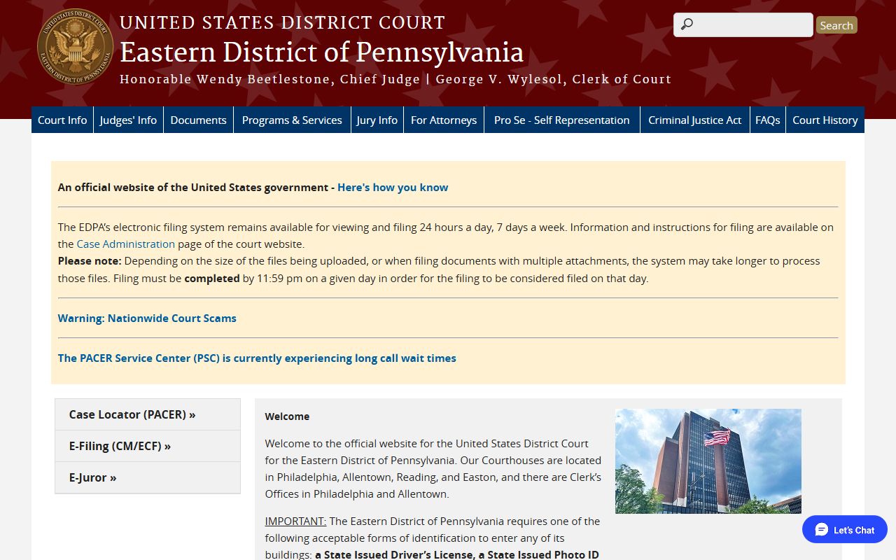U.S. District Court Eastern District of Pennsylvania for Philadelphia federal records