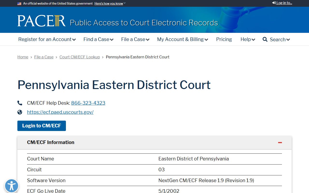 PACER CM ECF lookup for Philadelphia federal court records