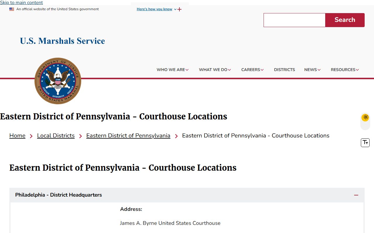 U.S. Marshals Eastern District of Pennsylvania courthouse locations for federal warrants