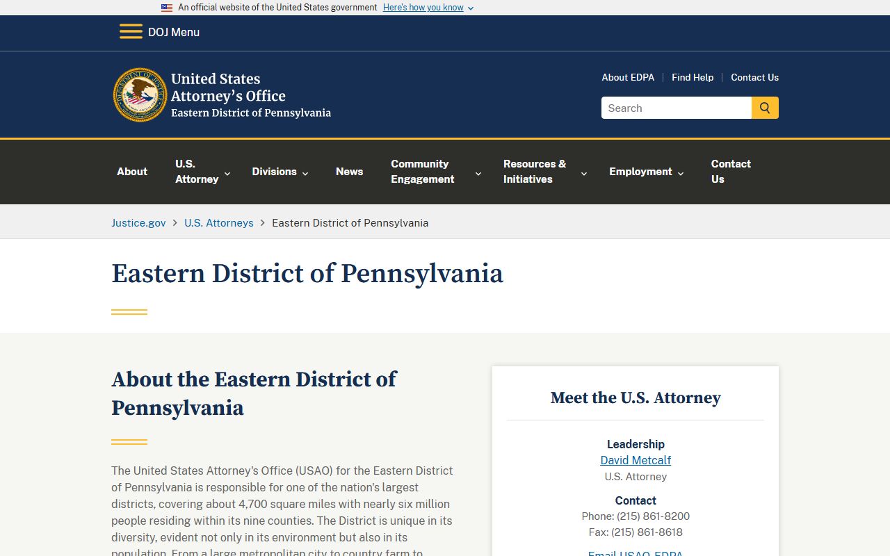 U.S. Attorney Eastern District of Pennsylvania for Philadelphia federal criminal cases