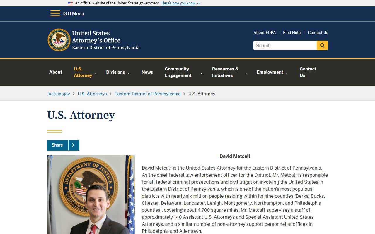 U.S. Attorney for the Eastern District of Pennsylvania serving Philadelphia