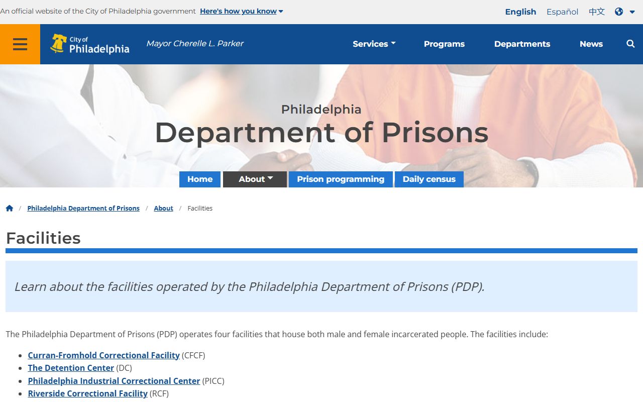 Philadelphia County Department of Prisons facilities page