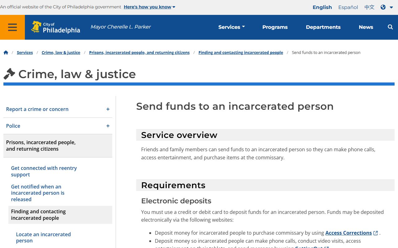 Philadelphia County Department of Prisons send funds page