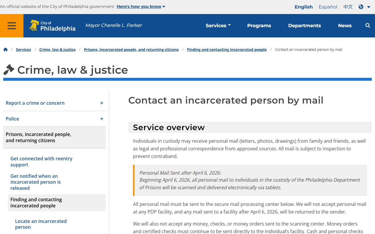 Philadelphia County Department of Prisons mail policy page
