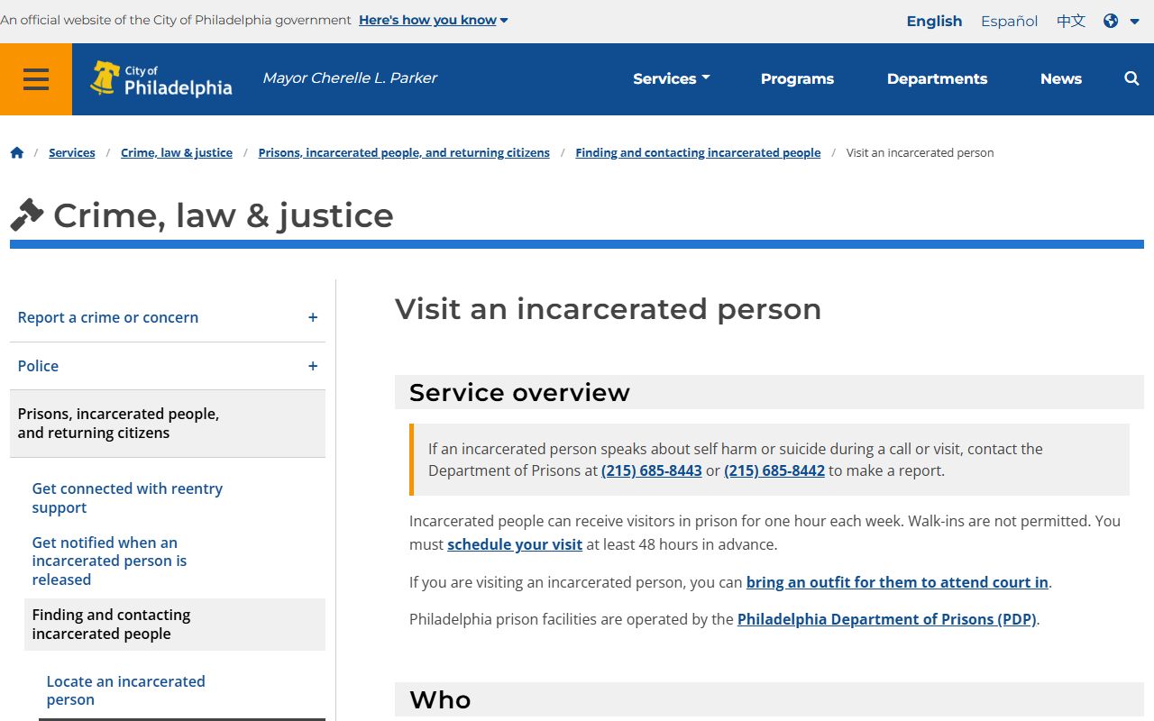 Philadelphia County Department of Prisons visitation page