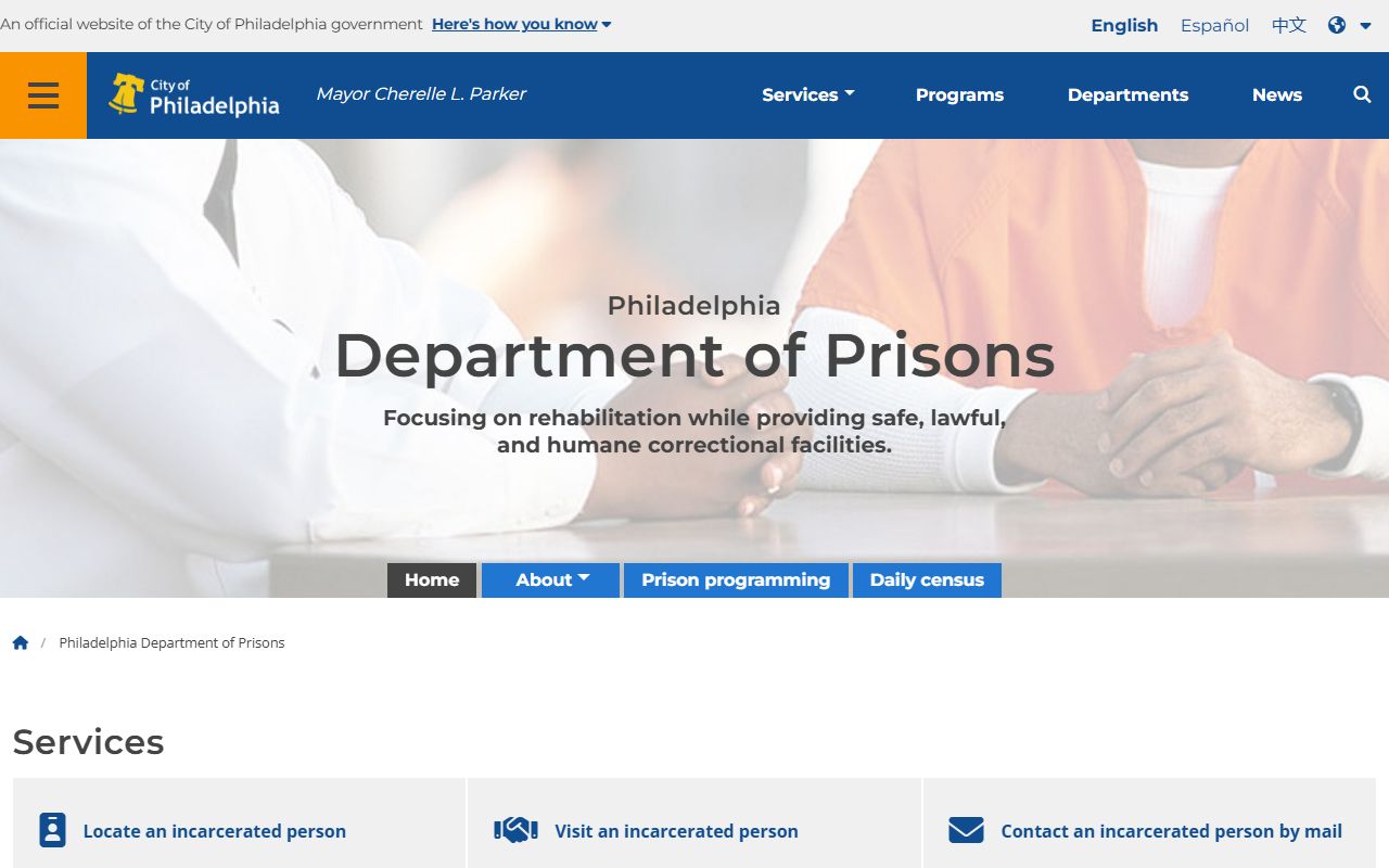 Philadelphia County Department of Prisons homepage