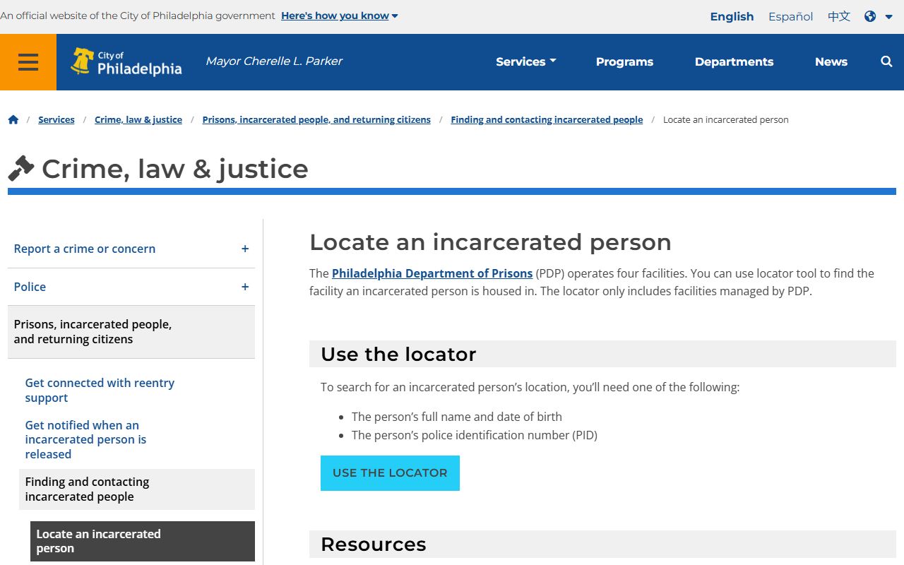 Philadelphia County inmate locator service page