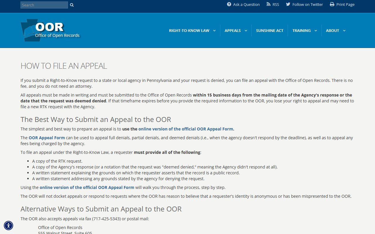Pennsylvania Office of Open Records appeal process for Philadelphia County