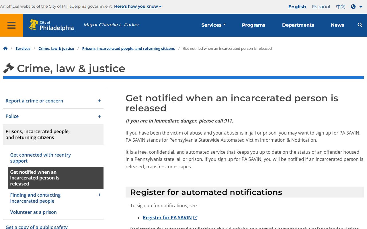 Philadelphia County release notification service page