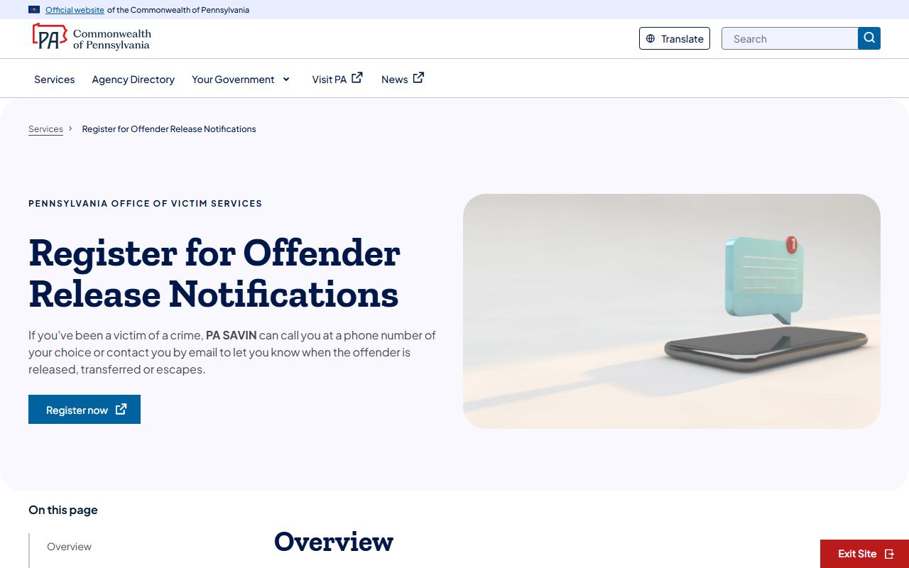 Pennsylvania PA SAVIN VINE release notification page for Philadelphia County