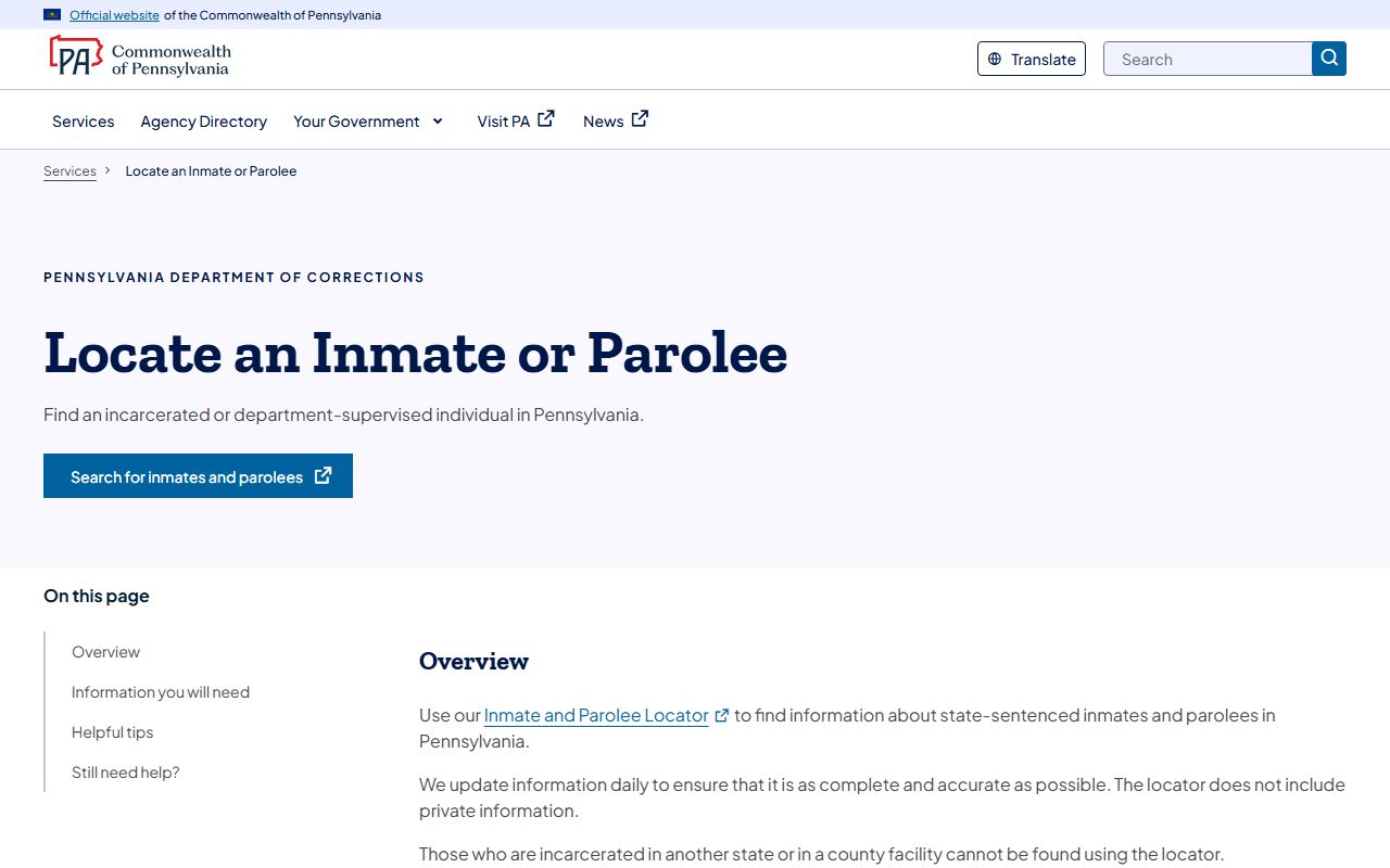Pennsylvania DOC inmate and parolee locator for Philadelphia County