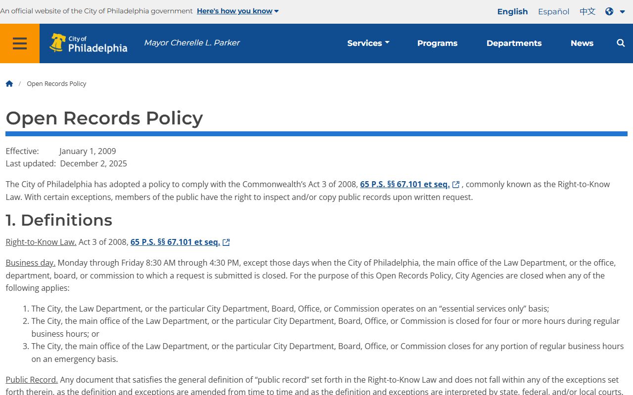 City of Philadelphia open records policy under the Right-to-Know Law