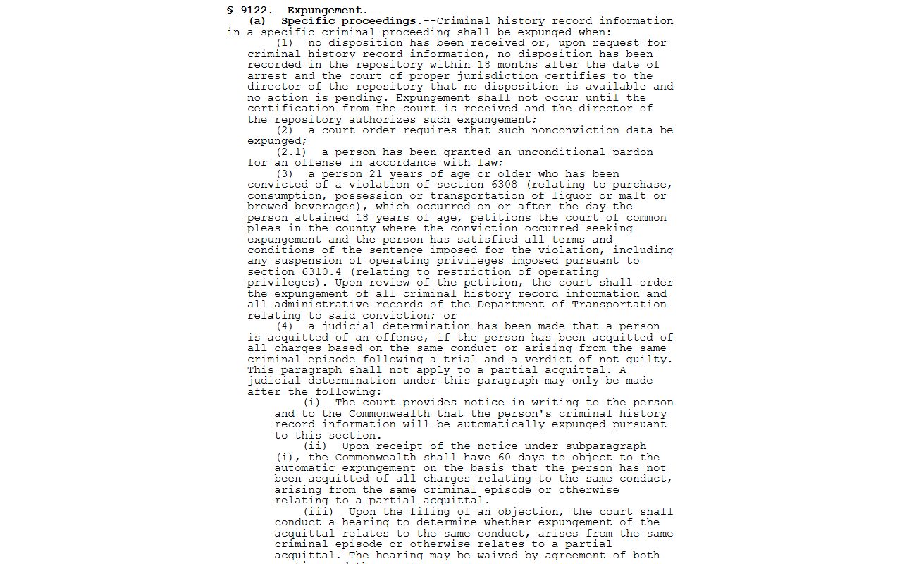 Philadelphia County criminal history expungement statute